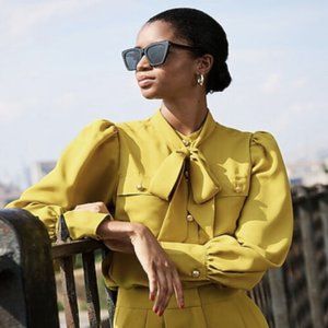 NWT EXPRESS Balloon Sleeve Tie Neck Button Portofino Top Blouse Shirt Yellow